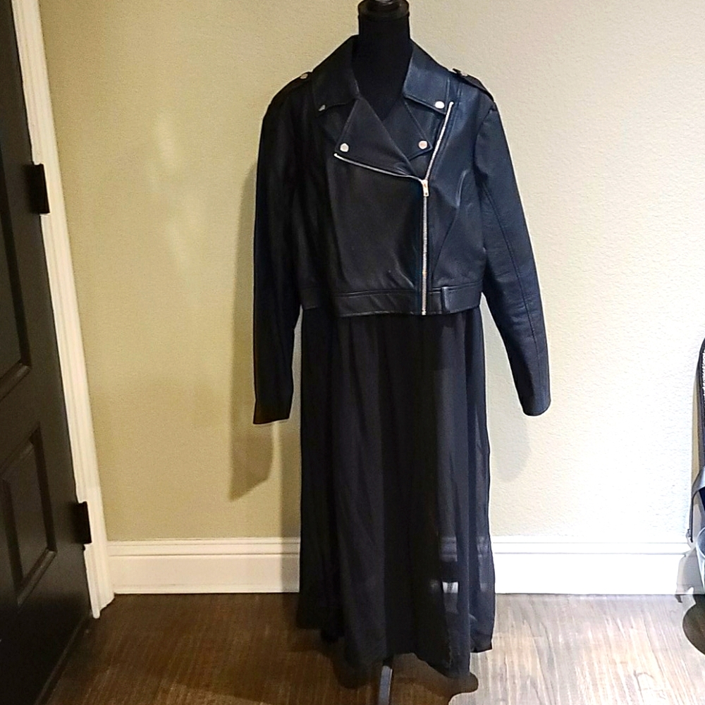 Edgy Faux Leather Jacket with Sheer Under Skirt